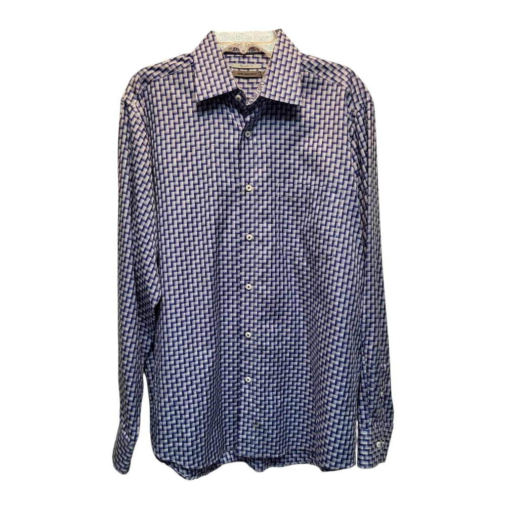 Johnston & Murphy Men's Blue White Tailored Fit Long Sleeve Check Shirt - Size L